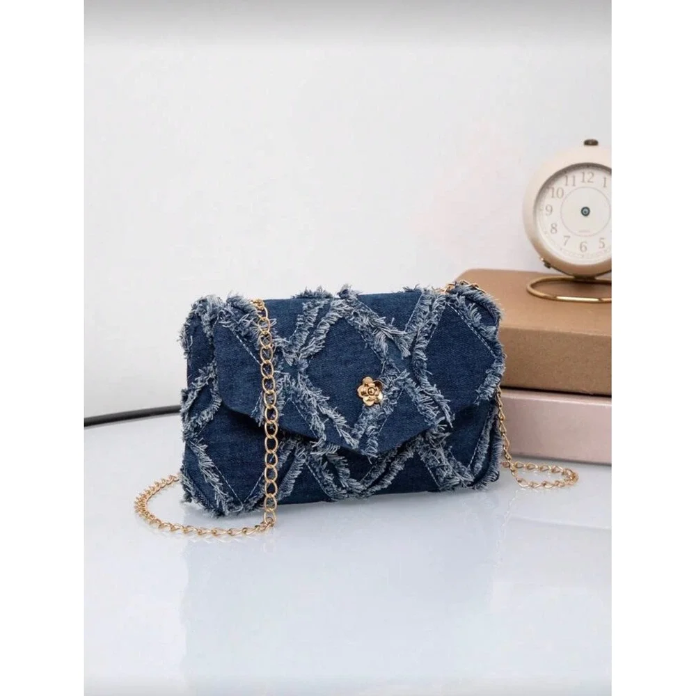 Distressed Denim Crossbody Bag Blue Quilted Frayed‎ Chain Strap Purse
